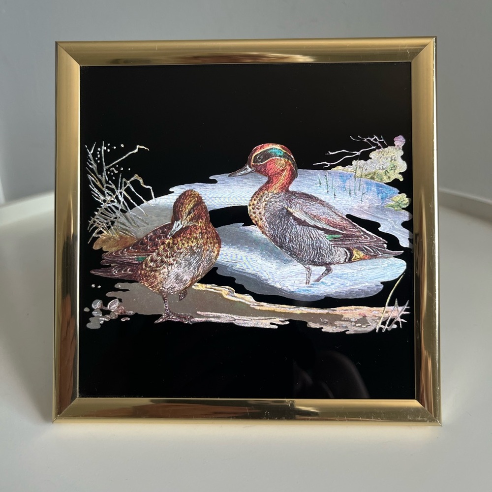 Vintage Kafka Industries Ltd Ducks Metal Etching Framed Art Wall Shelf USA